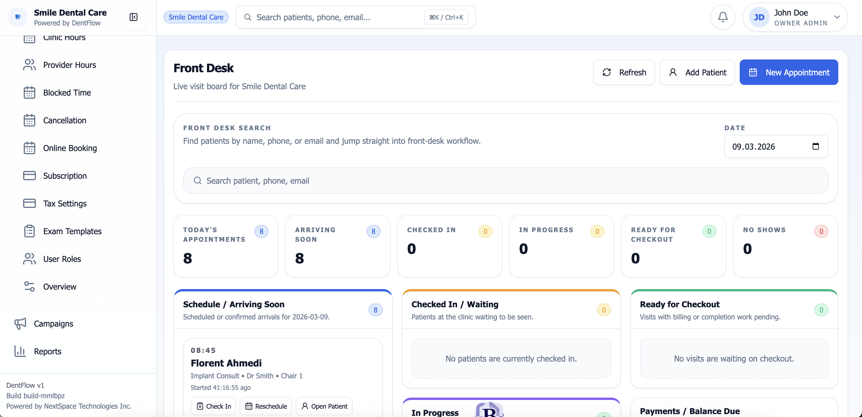 Dentivo front desk command center screenshot