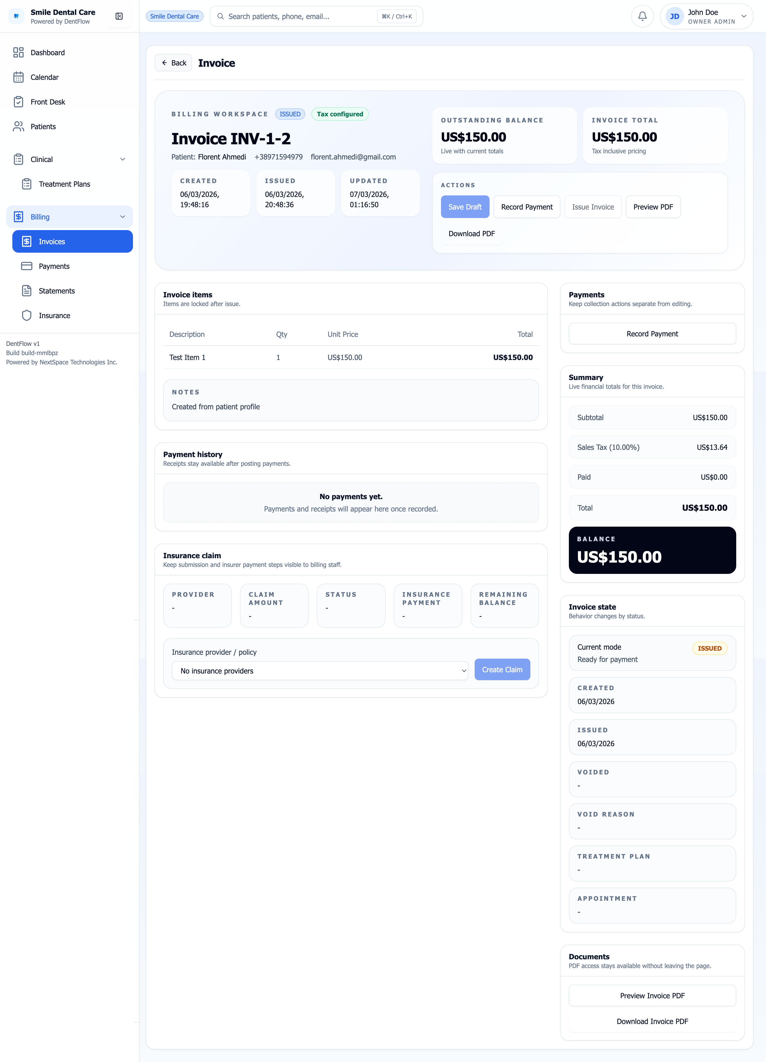 Dentivo invoice and payment workspace